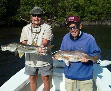 Brothers Bill and Jack Forte' doubled up on 30 inch snook and 30 inch redfish in one backcountry hole!  Released 11/14/13